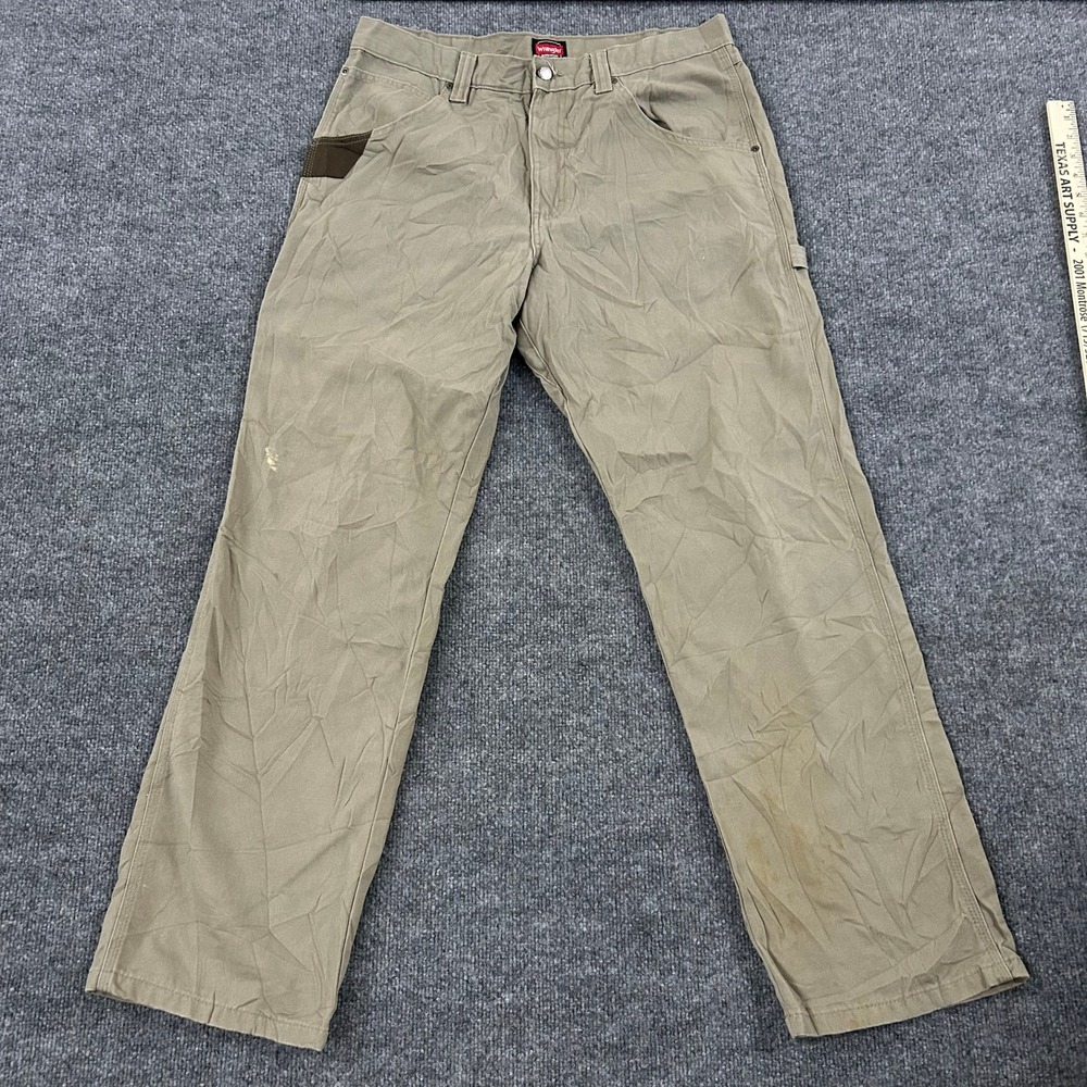 Wrangler Pants Mens Size 34x32 Tan Canvas Carpenter Utility Workwear Stained